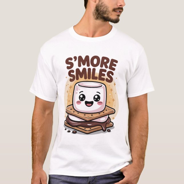 Smiling Beige Kawaii Marshmallow Chocolate Tecknad T Shirt (Framsida)