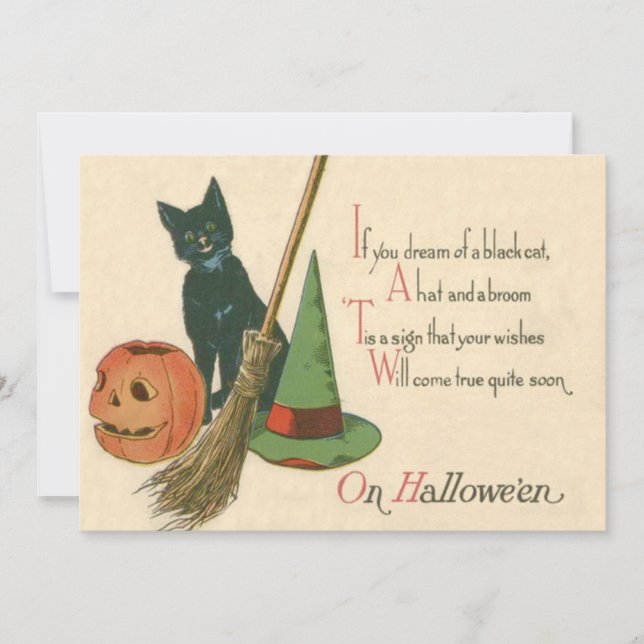 Smiling Black Cat Jack o lantern Witch Hat Broom (Framsida)