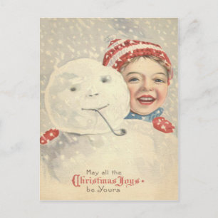 Smiling Boy Snögubbe Snö Pipe Sticka Hat Vykort