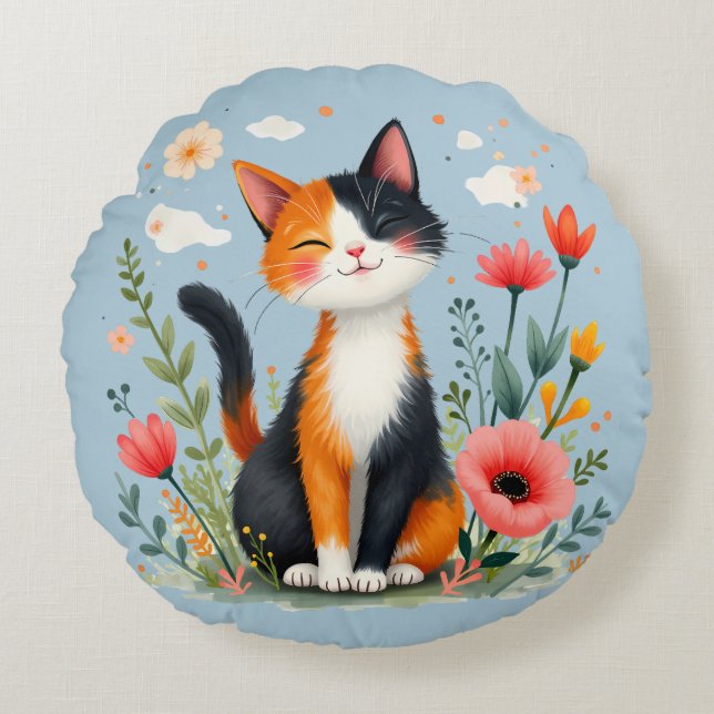 Smiling Calico Cat in Blooming Garden Rund Kudde (Framsidan)