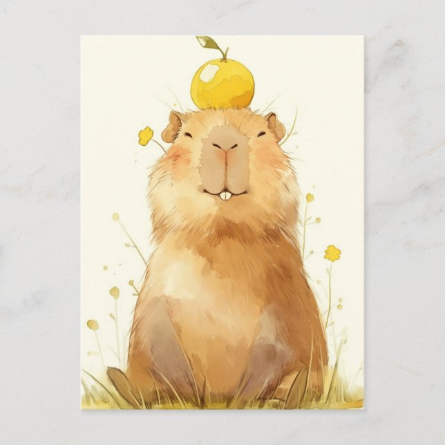 Smiling Capybara with Yuzu Fruit on Head Vykort (Framsida)