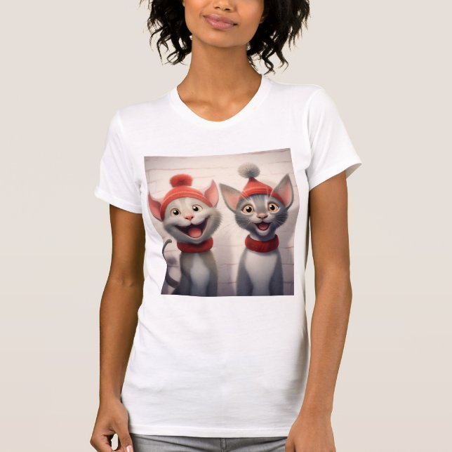 Smiling Cartoon Cats With Red Hats And Collars T Shirt (Framsida)