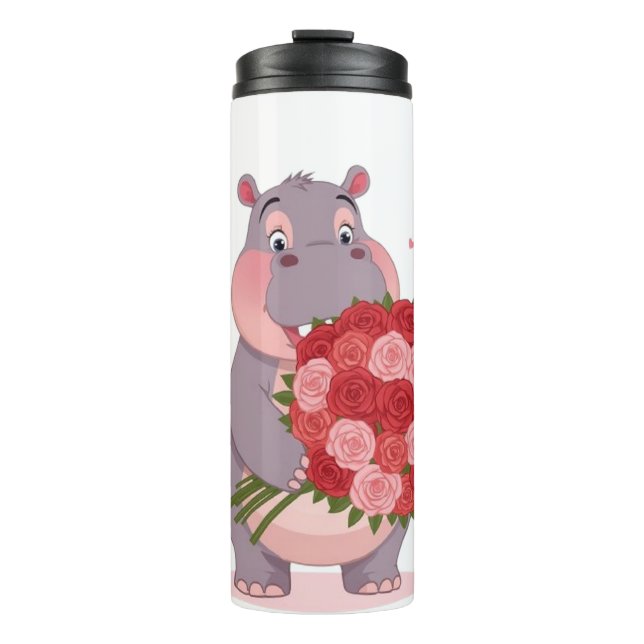 Smiling cartoon hippo holding a huge bouquet (Framsida)