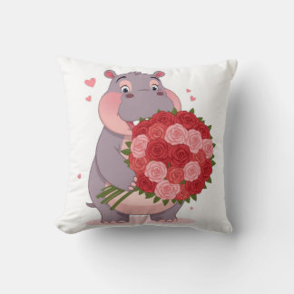 Smiling cartoon hippo holding a huge bouquet kudde