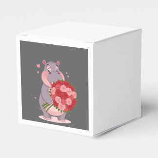 Smiling cartoon hippo holding a huge bouquet presentaskar