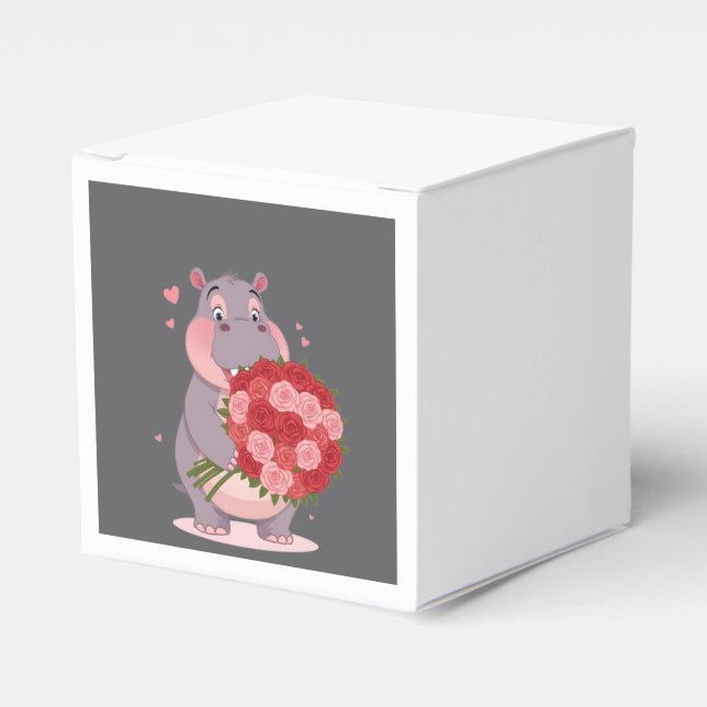 Smiling cartoon hippo holding a huge bouquet presentaskar (Framsidan Sidan)