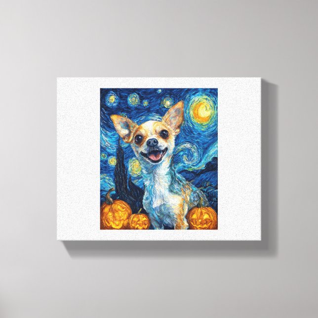 smiling chihuahua dog starry night by Van Gogh fin Canvastryck (Framsida)