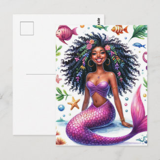 Smiling Dark-Skinned Mermaid With Pink Tail Vykort