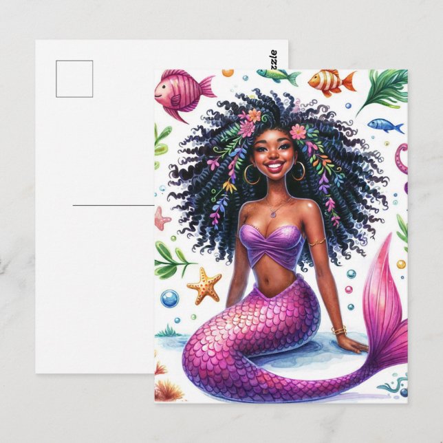 Smiling Dark-Skinned Mermaid With Pink Tail Vykort (Fram/baksida)