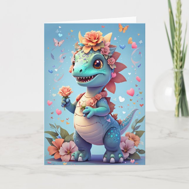 Smiling Girl Dinosaur Nature | Kort (Framsida)