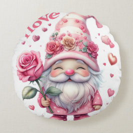 Smiling Gnome Holding a Pink Rose  Rund Kudde