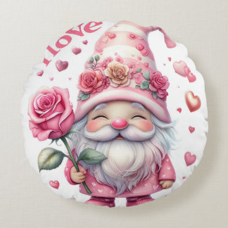 Smiling Gnome Holding a Pink Rose  Rund Kudde