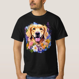 Smiling Golden Retriever Lavender Bouquet T Shirt