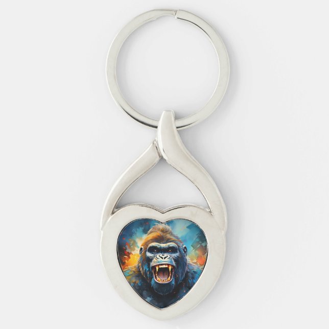 Smiling Gorilla Twisted Heart Silverfärgad Nyckelring (Framsidan)