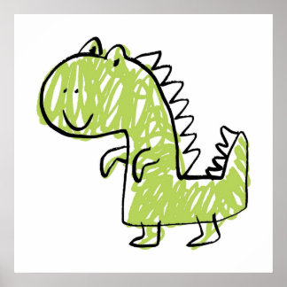 Smiling Green Dinosaur Doodle Baby kids room draw Poster
