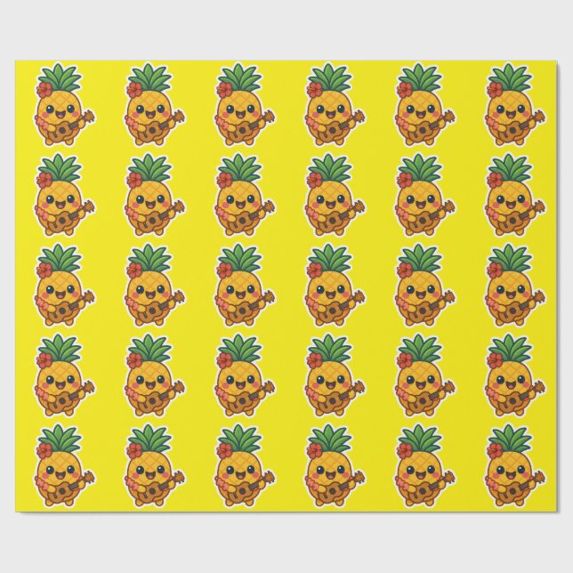 Smiling Kawaii Pineapple - Tropiskt Presentpapper (Platt)