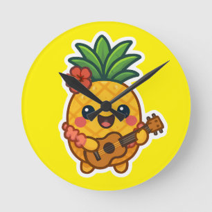 Smiling Kawaii Pineapple - Tropiskt Rund Klocka