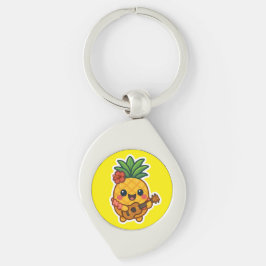 Smiling Kawaii Pineapple - Tropiskt Swirl Silverfärgad Nyckelring