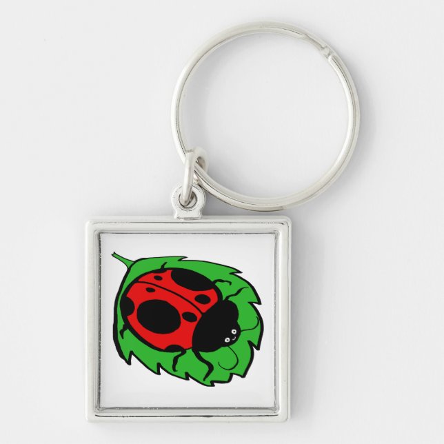 Smiling Ladybug på en Grönt Löv Fyrkantig Silverfärgad Nyckelring (Framsidan)