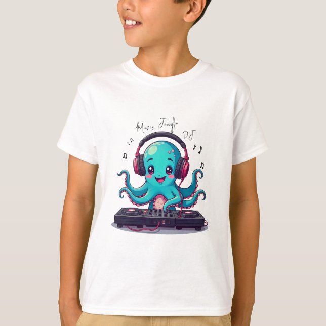 Smiling Octopus DJ, Lycklig Music Jungle T-Shirt (Framsida)