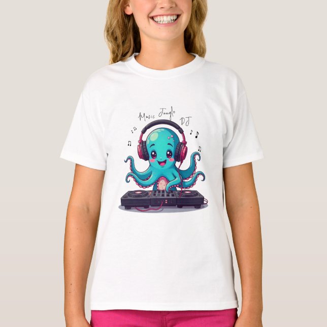 Smiling Octopus DJ, Lycklig Music Jungle T-Shirt (Framsida)