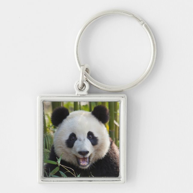 Smiling Panda Porträtt Fyrkantig Silverfärgad Nyckelring (Framsidan)