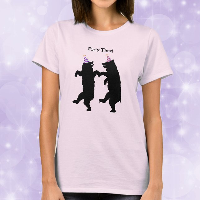 Smiling Party Time black Bears Dancing Striped Hat T Shirt (Two dancing black bears in striped party hats on womans tee shirt.)