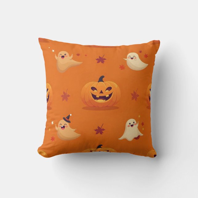 Smiling Pumpkin & Ghost Casual Pattern Pillow on B Kudde (Framsida)