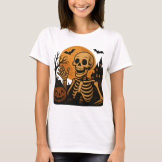 Smiling Skeleton with Pumpkin and Full Moon – Spoo T Shirt