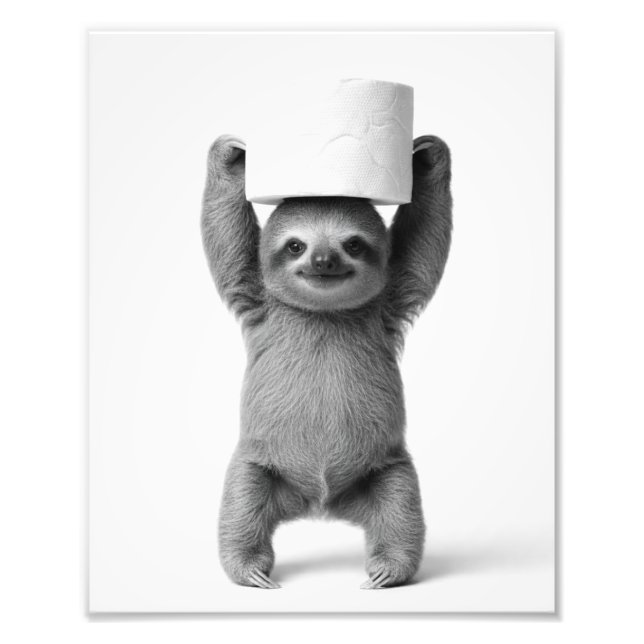 Smiling Sloth Triumphantly Lifts Toilet Paper Roll Fototryck (Framsidan)