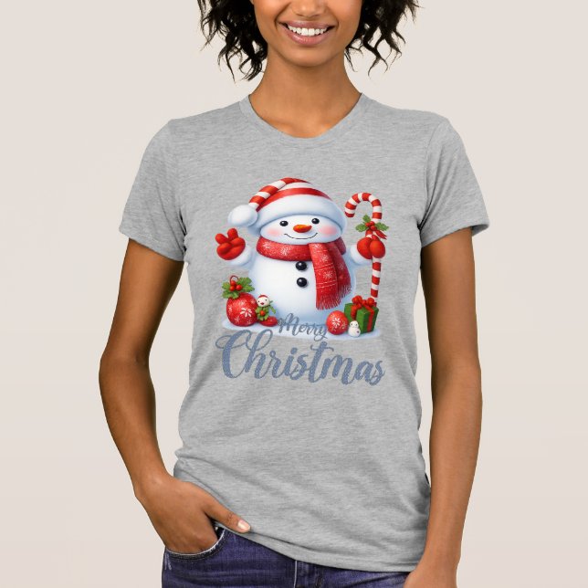 Smiling Snowman With Candy Cane Christmas Tee (Framsida)