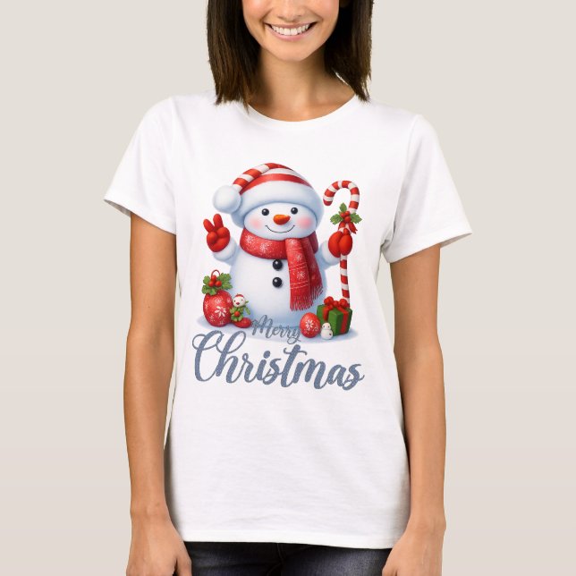 Smiling Snowman With Candy Cane Christmas Tee (Framsida)
