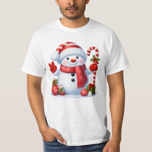 Smiling Snowman With Candy Cane Christmas Tee (Framsida)