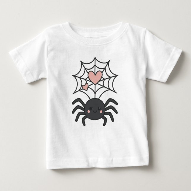Smiling Spider Weaving a Heart Web Cute Halloween T Shirt (Framsida)