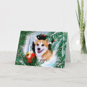 Smiling Welsh Corgi in the Winter Window Helgkort
