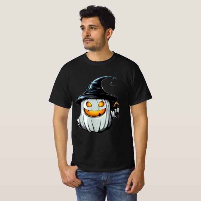 Smiling White Pumpkin Witch Design T Shirt (Hel framsida)