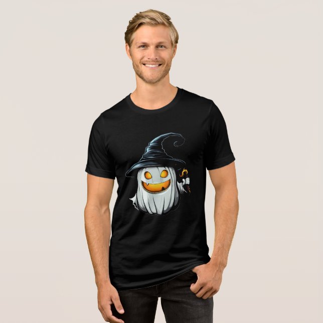 Smiling White Pumpkin Witch Design T Shirt (Framsida Full)