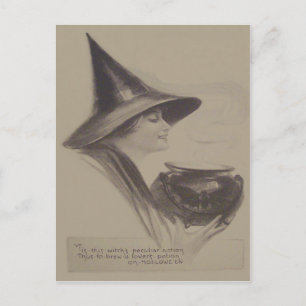 Smiling Witch Cauldron Spell Potion Sepia Vykort