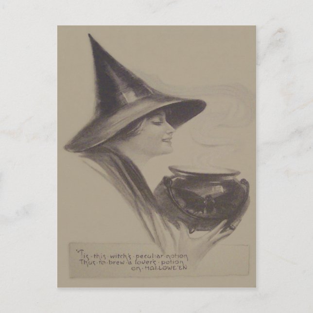 Smiling Witch Cauldron Spell Potion Sepia Vykort (Framsida)