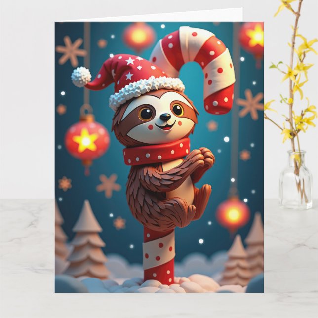 Smilt Sloth Hanging från Candy cane jul Kort (Gul blomma)