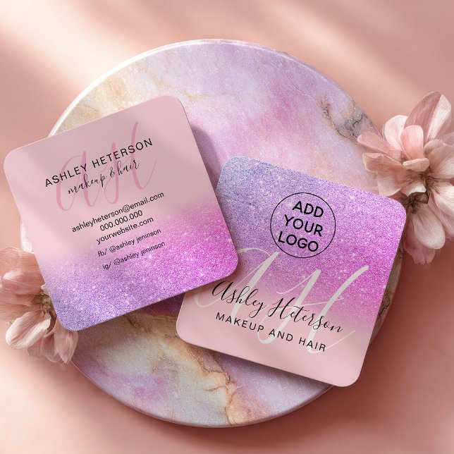 Smink Rosa lila glitter logotyp monogram Fyrkantigt Visitkort (Makeup Pink purple glitter logo monogram Square Business Card)