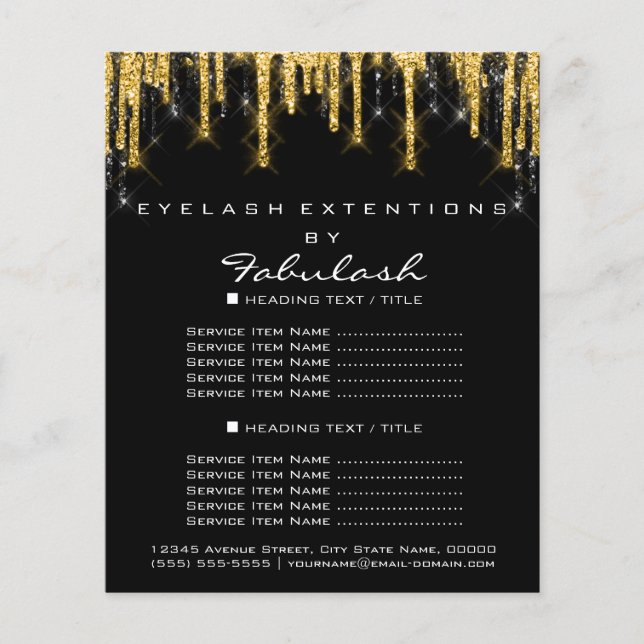 Smink Skönhet Prislista Guld Svarta Droppar Glitte Flygblad (Framsidan)