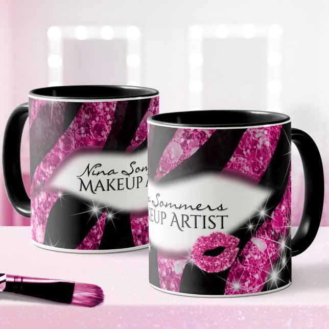 Sminkartist Glam Rosa Glitterläppar Zebratryck Mugg (Skapare uppladdad)