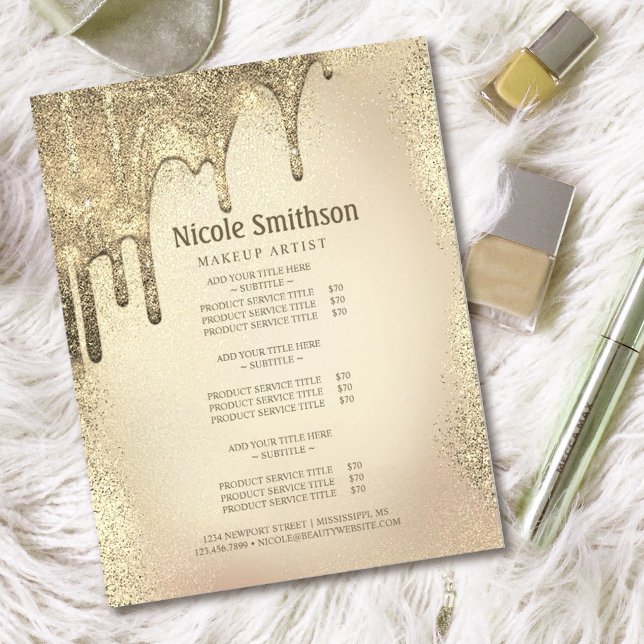 Sminkartist Guld Glitter Glam Tjänstlista  Flygblad (#glamourscakebakery #dripglittergold #golden #glittergold #pricelist #makeartistflyer #cakeshopflyer)