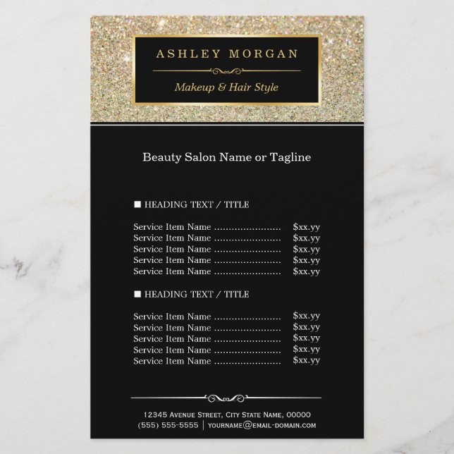 Sminkartist Hårstylist Guld Glitter Glamour Flygblad (Framsidan)