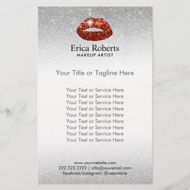 Sminkartist Röda Läppar Silver Glitter Skönhetssal Flygblad (Framsidan)
