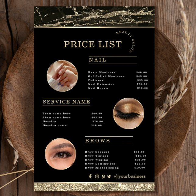 Sminkartist Svart Guld Marmor flygblad (Makeup Artist Black Gold Marble flyer #zazzlefinds #makeupflyer #addphoto #pricelist #threephoto)