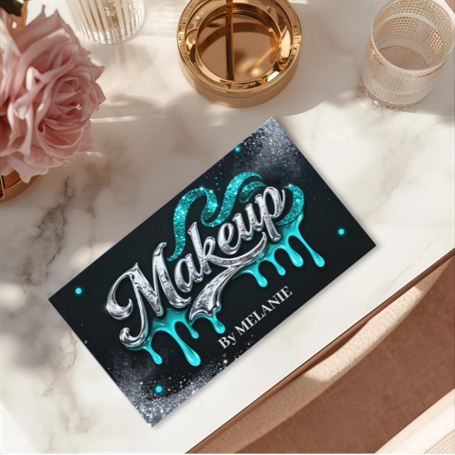 Sminkartist Teal Silver Dropar Trendig Glitter Visitkort (Skapare uppladdad)