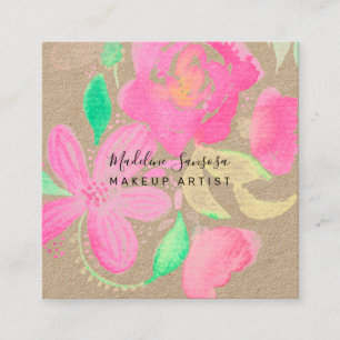Sminkartist Vattenfärg Botanisk Rosa Blomma Fyrkantigt Visitkort