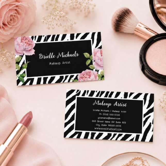Sminkartist Zebra Rose Glam Visitkort (Makeup Artist Zebra Print Pink Rose Business Card
)